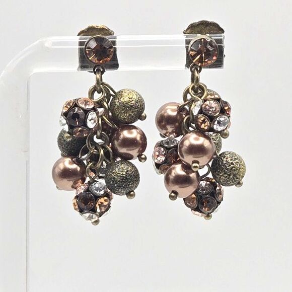 Vintage-Inspired Cluster Earrings Faux Pearl Rhinestone Gold Tone Post‎ Dangle - Picture 2 of 4